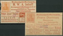 Köln (Rhl.-NRW) zwei seltene Wechselgeld-Wertmarken: Franz Dommes Eisenwaren, Haus- und Küchengeräte und M.W.A. Imhoff Cigarren- und Cigaretten-Tabak-...