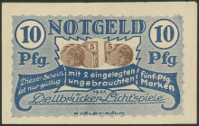 Köln-Dellbrück (Rhl.-NRW), Lichtspiele, 10 Pf. 1921, Druck blau ohne Randbeschriftung, 2x 5 Pf. Germania Briefmarken in Papptasche mit einseitig gesta...