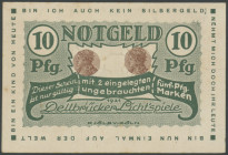 Köln-Dellbrück (Rhl.-NRW), Lichtspiele, 10 Pf. 1921, Druck grün mit Randbeschriftung, 2x 5 Pf. Germania Briefmarken in Papptasche mit einseitig gestan...