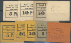 Roitzsch (Sax), Karl Lange, Bäckerei, Mehl u. Futterartikel, 9 Stk.: Karton weiß/grau zu 5, 10, 50 Pf. und 1 Mk. o.D (1917) & Karton gelb, graubraun u...