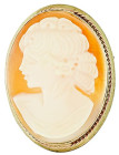 Anhänger mit ovaler, handgeschnitzten Muschelgemme mit Damenbüste n. l., nach 1950, broschiert, 333er Goldfassung, 4,88g., 27,5x19,8mm, sehr guter Erh...