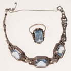 Art-Déco Set, Armband und Ring mit hellblauem Spinell-Aquamarin, Armband 835 Silber, Ring 830 Silber, um 1920, zus. ca. 19,61g, mit Gebrauchsspuren.