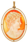 Ovale handgravierte Muschelkamee, klass. Herrenbildnis, 585er Rosegold, ca. 5,3x3,4cm, 13,35g.