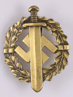 SA-Sportabzeichen in Bronze, 3. Typ (1939-1944), Eisen bronziert, rückseitig mit Stempel "EIGENTUM D. OBERSTEN S.A. FÜHRUNG" und Hersteller "Berg & No...