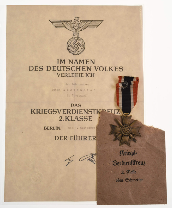 Kriegsverdienstkreuz 2. Klasse mit Schwertern, mit Verleihungstüte, Verleihungst...