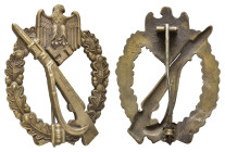 Infanterie-Sturmabzeichen in Bronze, Zink getönt, rückseitig mit Hersteller "R.S.S" für die Firma Richard Simm & Söhne Gablonz, OEK 3891, Nadel leicht...