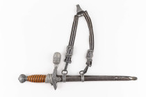 Luftwaffe, Dolch für Offiziere, auf Klinge Hersteller "Alcoso Solingen", Ausführung mit orangenem Griff, Drahtwicklung vollständig, Parierstange mit L...