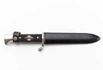Hitlerjugend Fahrtenmesser, Ausführung mit Devise, auf Fehlschärfe RZM und "M7/2 1937" für die Firma Emil Voos Waffenhersteller Solingen, HJ Emblem un...
