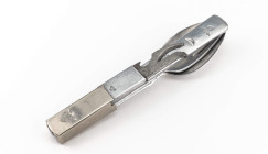Wehrmacht, Essbesteck/Feldbesteck, Fertigung aus Aluminium, 4-teilig, bestehend aus Messer, Löffel, Gabel, Dosenöffner, jeweils mit Hoheitsadler und H...
