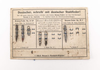 5x Schreibfedern der Firma Brause & Co. aus Iserlohn, auf Verkaufspappe befestigt mit der Überschrift "Deutscher, schreib' mit deutscher Stahlfeder!",...