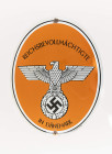 Emailleschild, "REICHSBEVOLLMÄCHTIGTE IN DÄNEMARK" und Hoheitsadler, oval, leicht gewölbt, orange/schwarz, unten rechts Hersteller "Emaillier-Werk Han...