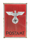 Emailleschild, "POSTAMT" darüber Hoheitsadler, rechteckig, leicht gewölbt, rot/weiß/schwarz, unten rechts Hersteller "Emaillier-Werk Hans Fink, Munche...