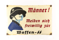 Emailleschild, "Männer ! - Melden Sie sich freiwillig zur Waffen-SS", rechteckig, leicht gewölbt, rot/weiß/schwarz/blau, unten rechts Hersteller "Emai...