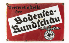 Emailleschild, "Vertriebsstelle der Bodensee - Rundschau", rechteckig, leicht gewölbt, rot/weiß/schwarz, unter rechts Hersteller "C.Robert Dold Offenb...