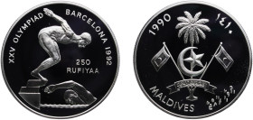 Maldives Second Republic AH 1410 (1990) 250 Rufiyaa (Swimming) Silver (.925) 31.28g PF KM 80