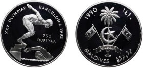Maldives Second Republic AH 1410 (1990) 250 Rufiyaa (Swimming) Silver (.925) 31.39g PF KM 80