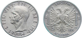 Albania Italian occupation 1939 R 5 Lek - Victor Emmanuel III Silver (.835) Rome Mint (1350000) 5g UNC KM 33