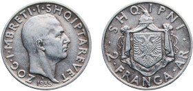 Albania Kingdom 1935 R 2 Franga Ari - Zog I Silver (.835) Rome Mint (150000) 10g AU KM 17