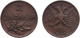Albania Kingdom 1935 R 2 Qindar Ari Bronze Rome Mint (1500000) 4.39g UNC KM 15
