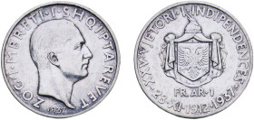 Albania Kingdom 1937 R 1 Frang Ar - Zog I (Independence) Silver (.835) Rome Mint (50000) 5.02g AU KM 18
