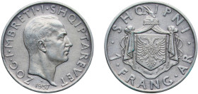 Albania Kingdom 1937 R 1 Frang Ar - Zog I Silver (.835) Rome Mint (600000) 4.99g AU KM 16