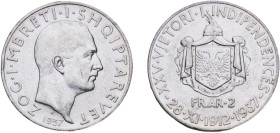 Albania Kingdom 1937 R 2 Franga Ari - Zog I (Independence) Silver (.835) Rome Mint (25000) 10.03g AU KM 19