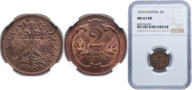 Austria Austro-Hungarian Empire 1914 2 Heller - Franz Joseph I Bronze Vienna Mint (60674000) 3.35g NGC MS 63 KM 2801 Schön 4