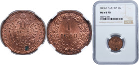 Austria Empire 1860 A 1 Kreuzer - Franz Joseph I Copper Vienna Mint (108817500) 3.15g NGC MS 63 KM 2186 Adamo M4