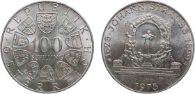 Austria Second Republic 1975 100 Schilling (Johann Strauss) Silver (.640) Vienna Mint (2646000) 23.85g BU KM 2923 Schön 118