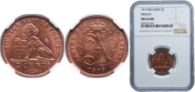 Belgium Kingdom 1919 2 Centimes - Albert I (French text) Copper Brussels Mint (5000000) 4g NGC MS 65 KM 64 LA BFM-12 Schön 35