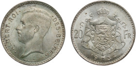 Belgium Kingdom 1934 20 Francs - Albert I (French text) Silver (.680) Brussels Mint 11.05g BU KM 103.1 LA BFM-167 Schön 66 KM 103.2