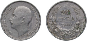 Bulgaria Kingdom 1940 A 20 Leva - Boris III Copper-nickel (6650000) 4.01g AU KM 47