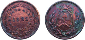 Argentina Province of Rio de la Plata 1822 1 Decimo Real (Buenos Aires) Copper Soho Mint 6.63g XF KM 1 CJ 1-2