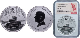 Australia Commonwealth 2025 P 1 Dollar - Charles III (1st Portrait - Year of the Snake) Silver (.9999) Perth Mint (7500) 31.104g NGC MS 70 KM 4811