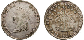 Bolivia Republic 1855 PTS MJ 4 Soles Silver (.667) Potosi Mint 13.55g VF KM 123.2