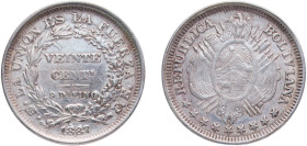Bolivia Republic 1887 PTS FE 20 Centavos Silver (.900) Potosi Mint 4.6g AU KM 159 Schön 3