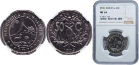 Bolivia Republic 1939 50 Centavos Copper-nickel Huguenin Mint 8.45g NGC MS 66 KM 182 Schön C9