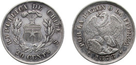 Chile Republic 1878 So 20 Centavos Silver (.835) Santiago Mint (2639000) 4.53g AU KM 138.1