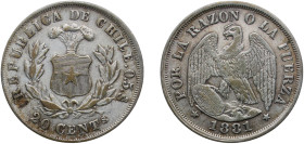 Chile Republic 1881 So 20 Centavos Silver (.500) Santiago Mint (6408000) 4.85g XF KM 138
