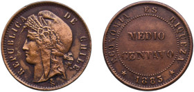 Chile Republic 1883 So ½ Centavo Copper Santiago Mint (714000) 3.05g AU KM 148a