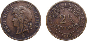 Chile Republic 1886 So 2½ Centavos Copper Santiago Mint (381000) 8g XF KM 150