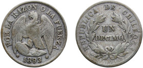 Chile Republic 1893 So 1 Décimo Silver (.500) Santiago Mint (516000) 2.37g VF KM 136.3