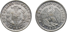 Chile Republic 1893 So 20 Centavos Silver (.500) Santiago Mint (1397000) 4.87g UNC KM 138