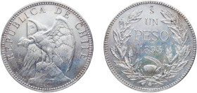 Chile Republic 1895 So 1 Peso Silver (.835) Santiago Mint (6086000) 20.03g UNC KM 152.1