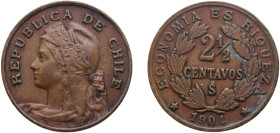 Chile Republic 1904 So 2½ Centavos Copper Santiago Mint (277000) 7g XF KM 162