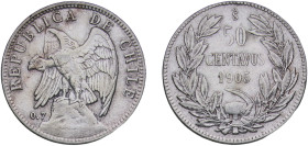 Chile Republic 1905 So 50 Centavos Silver (.700) Santiago Mint (1075000) 9.99g XF KM 160