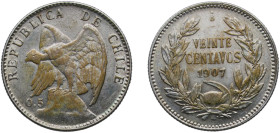 Chile Republic 1907 So 20 Centavos Silver (.500) Santiago Mint 3.95g XF KM 151.2