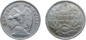 Chile Republic 1908 So 20 Centavos Billon (.400 silver) Santiago Mint (5869000) 2.98g VF KM 151.3