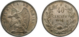 Chile Republic 1908 So 40 Centavos Billon (.400 silver) Santiago Mint (1452000) 6.07g UNC KM 163