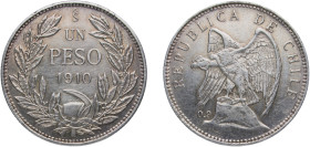 Chile Republic 1910 So 1 Peso Silver (.900) Santiago Mint (2166000) 12.04g UNC KM 152.3